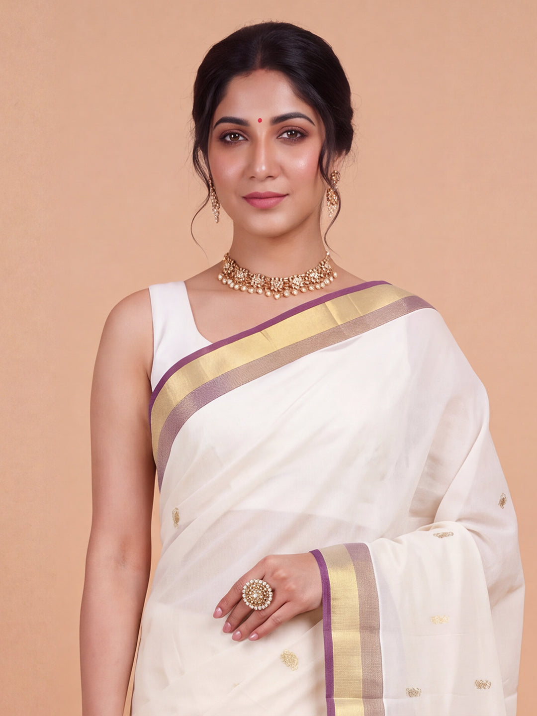 Women Kora Cotton Cream Embroidered Saree with Gold Jari KLS43