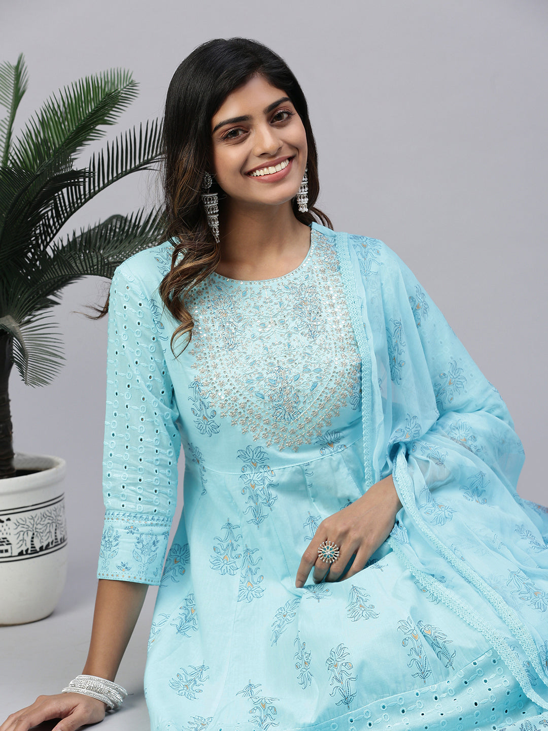 Women Cotton Embroidered Kurti Sets Blue EKS20