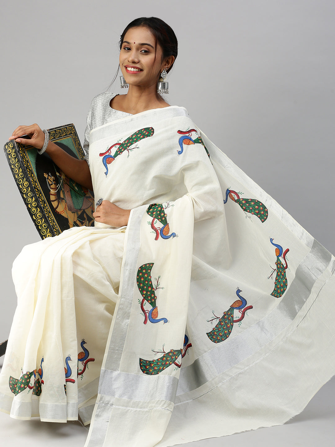 Womens Kerala Off White Peacock Design Printed Silver Jari Saree OKS05-Sit view