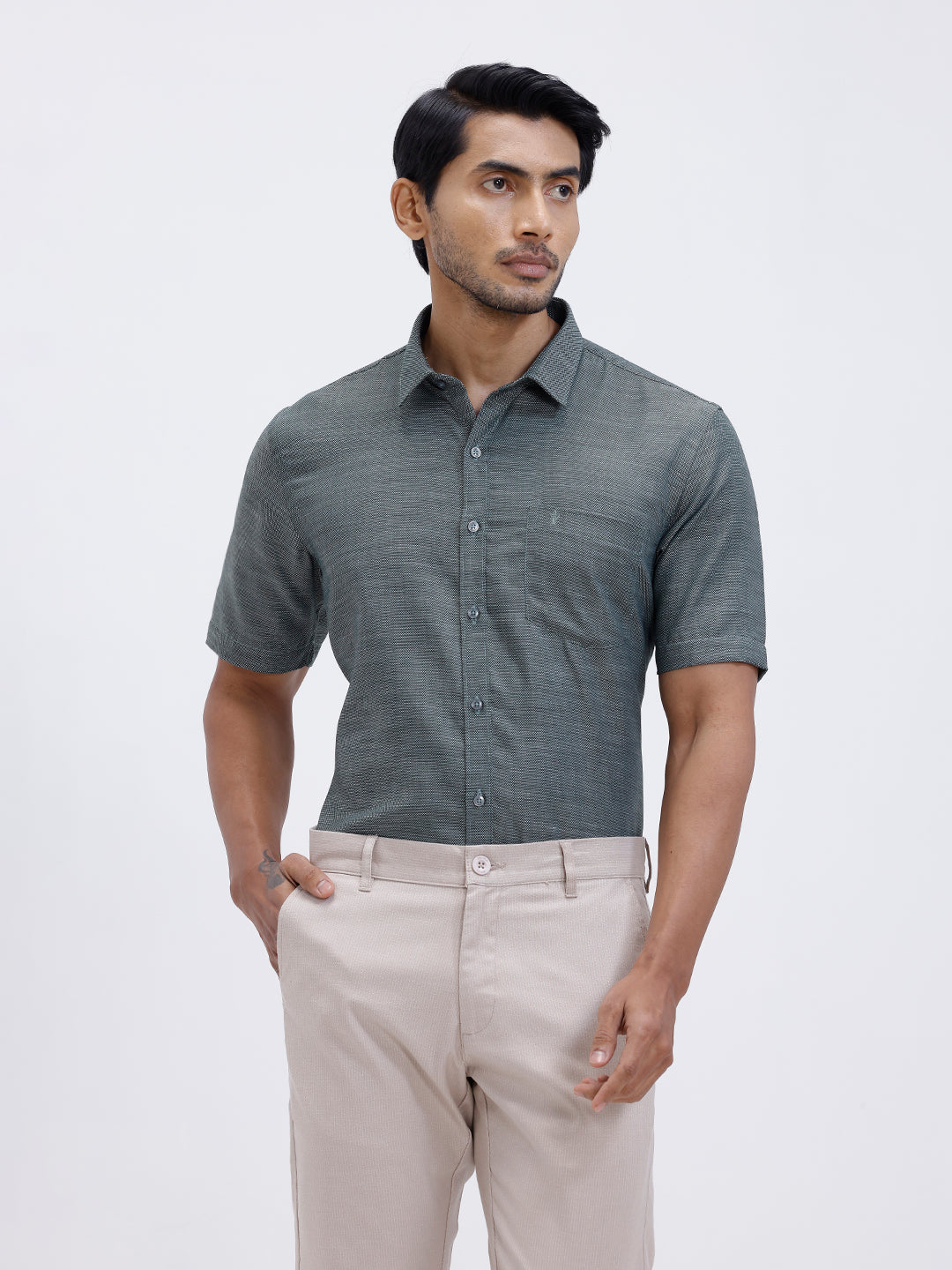 Men Cotton Rich Half Sleeve Shirt Green Dobby T59 AIT3