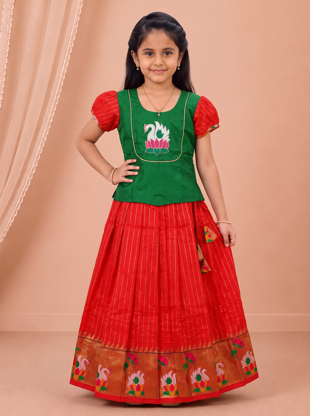 Girls Art Silk Green with Red Pattu Pavadai Set GPS71