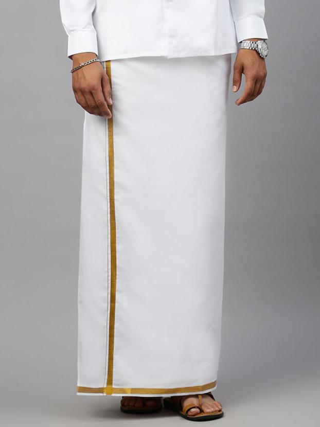 Men White with 3/4" Gold Jari Border Readymade Single Layer Dhoti M146