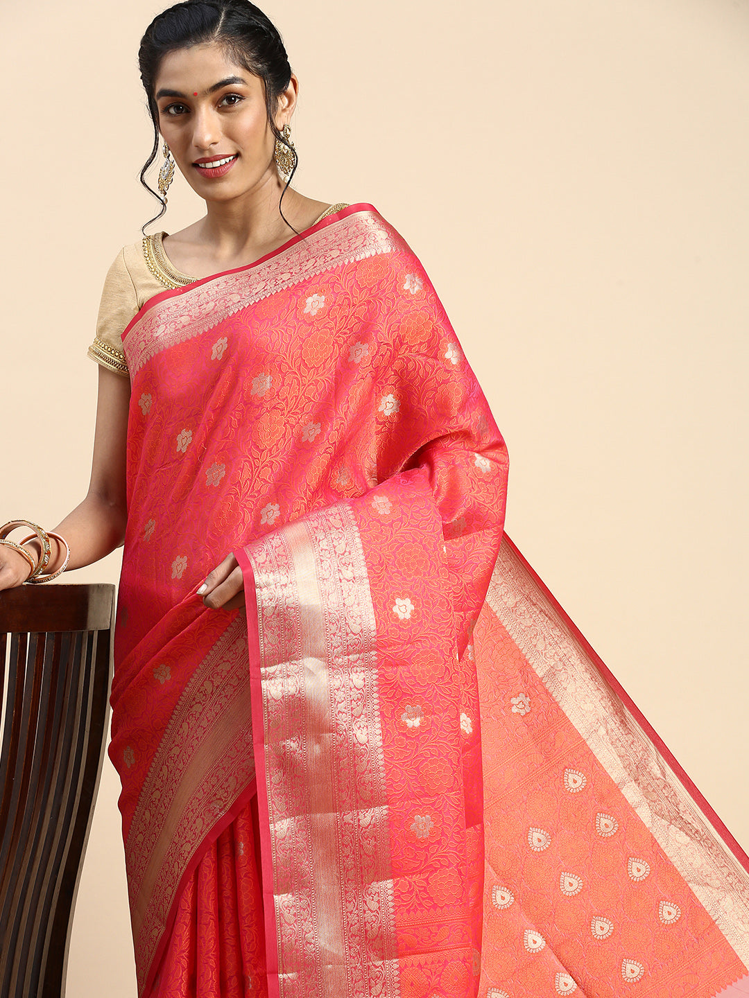 Semi Kora Cotton Allover Design Saree Dark Pink & Orange with Zari Border SKCW02-Front view