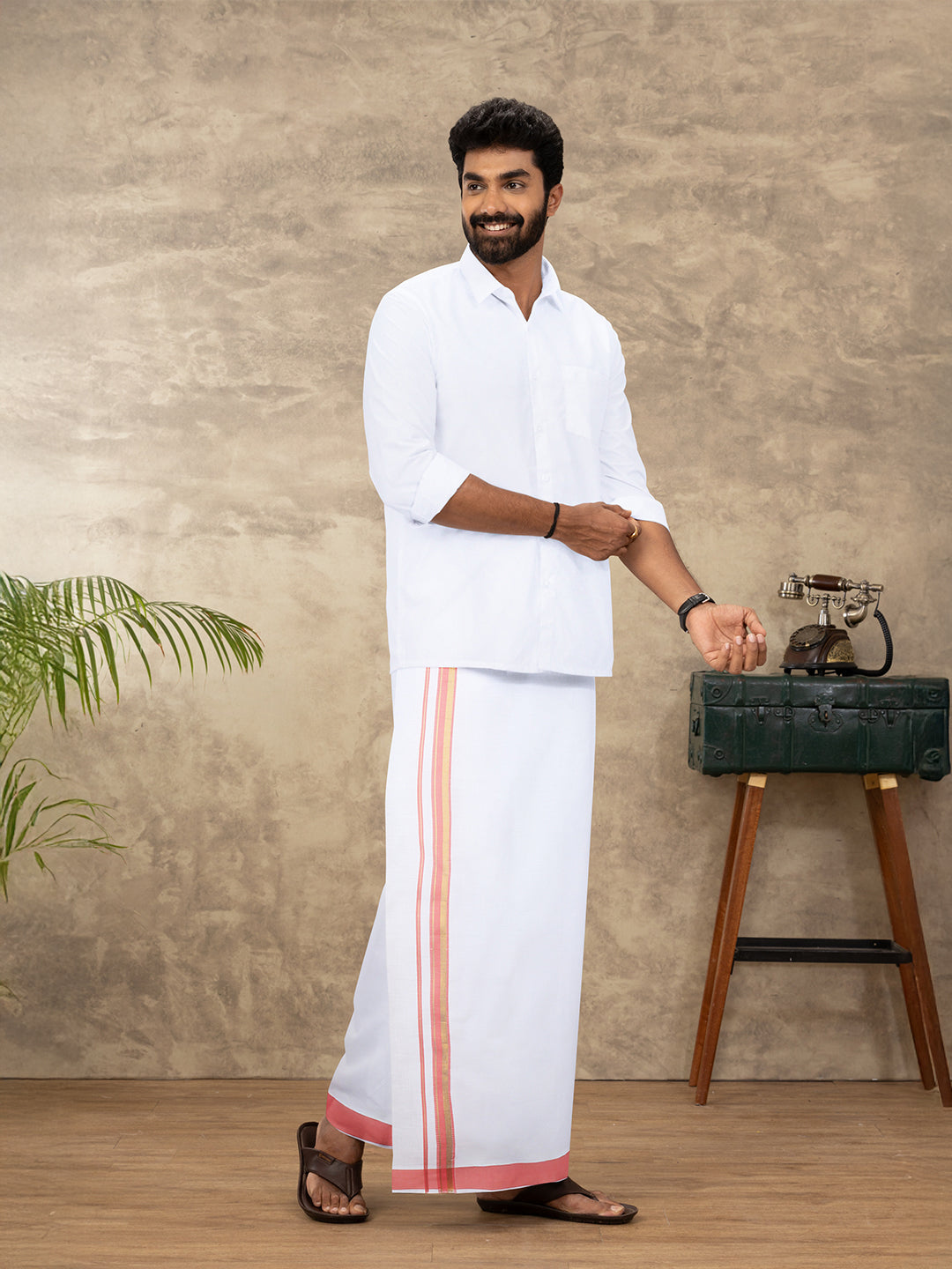 Men Cotton Blend Readymade Single Layer White Dhoti with Fancy Jari Border GACJ41
