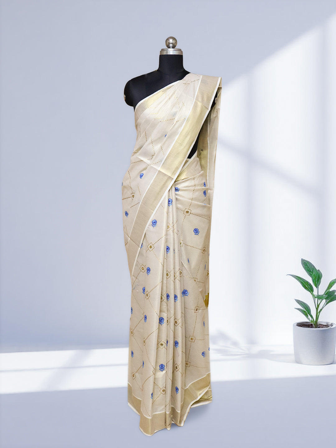 Women Kerala Tissue Gold with Flower Embroidery Saree KS211