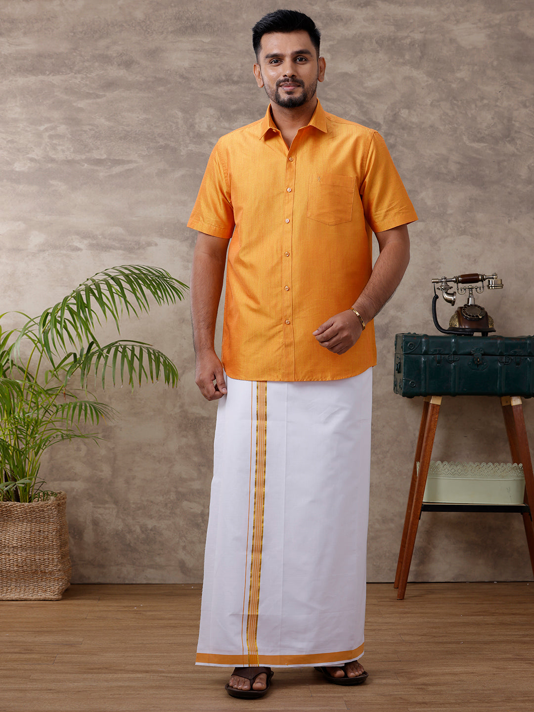 Mens Matching Jari Border Dhoti & Shirt Set Half Yellow VB2