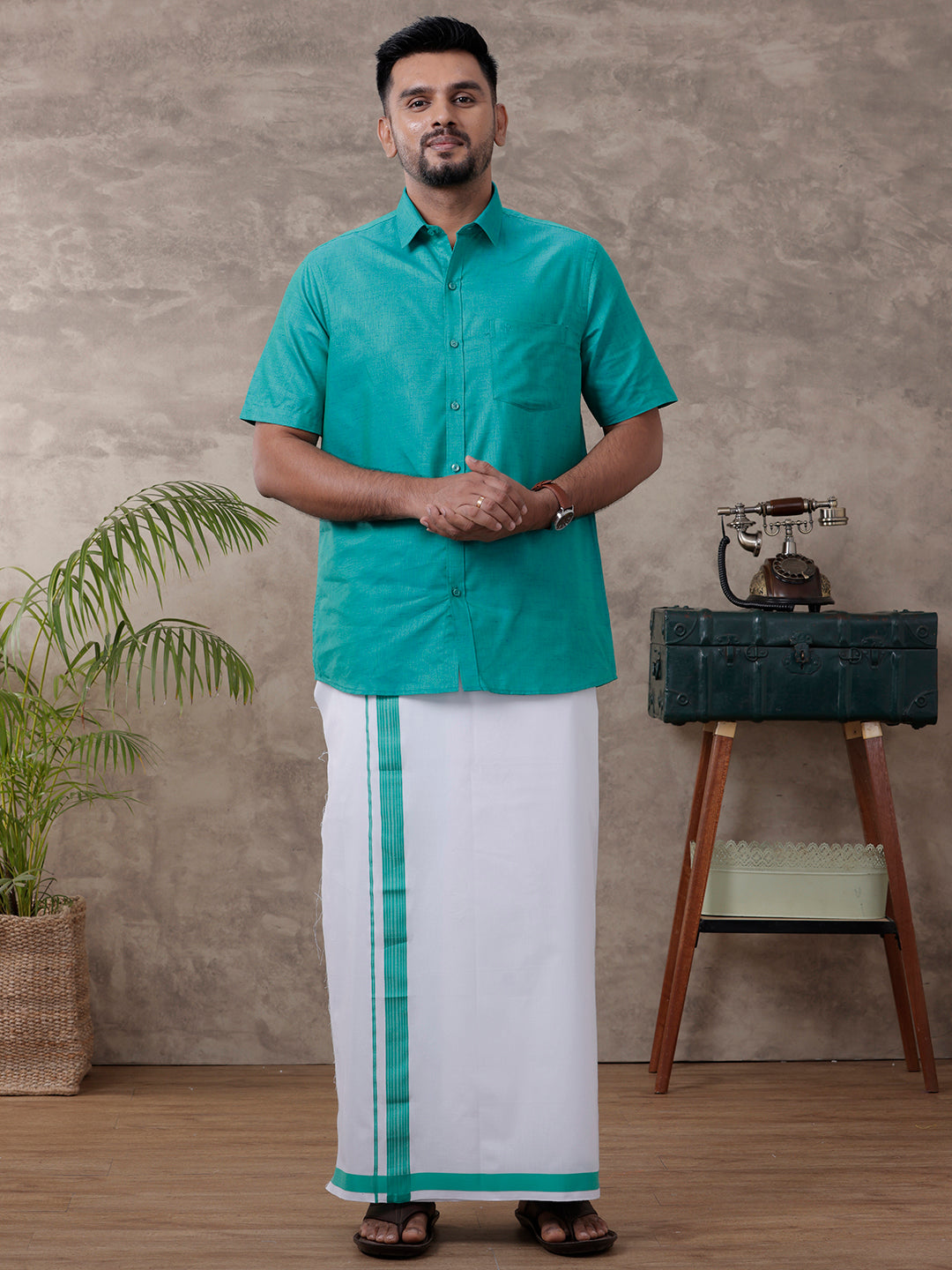 Men Matching Border Dhoti & Half Sleeves Shirt Set Green C36