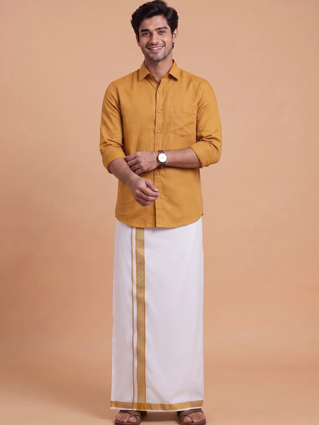 Single Layer 100% Cotton White Dhoti With 1 1/2 Inch Jacquard Gold Jari Border - GG05