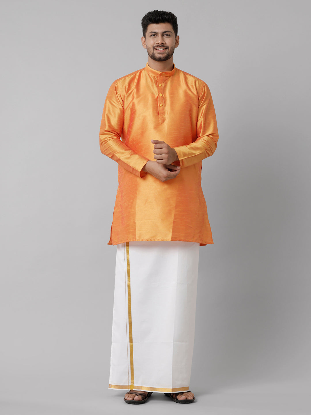 Mens Polyster Orange Medium Length Kurta with White 3/4" Gold Jari Dhoti Combo SL03