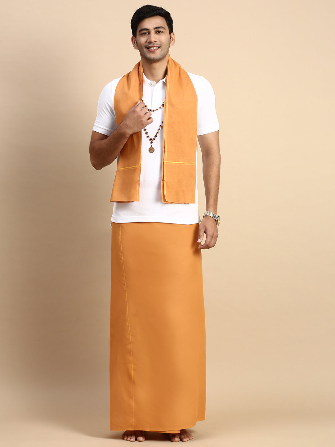 Men Devotional Small Border Dhoti with Towel & TShirt Set Kaavi EP1