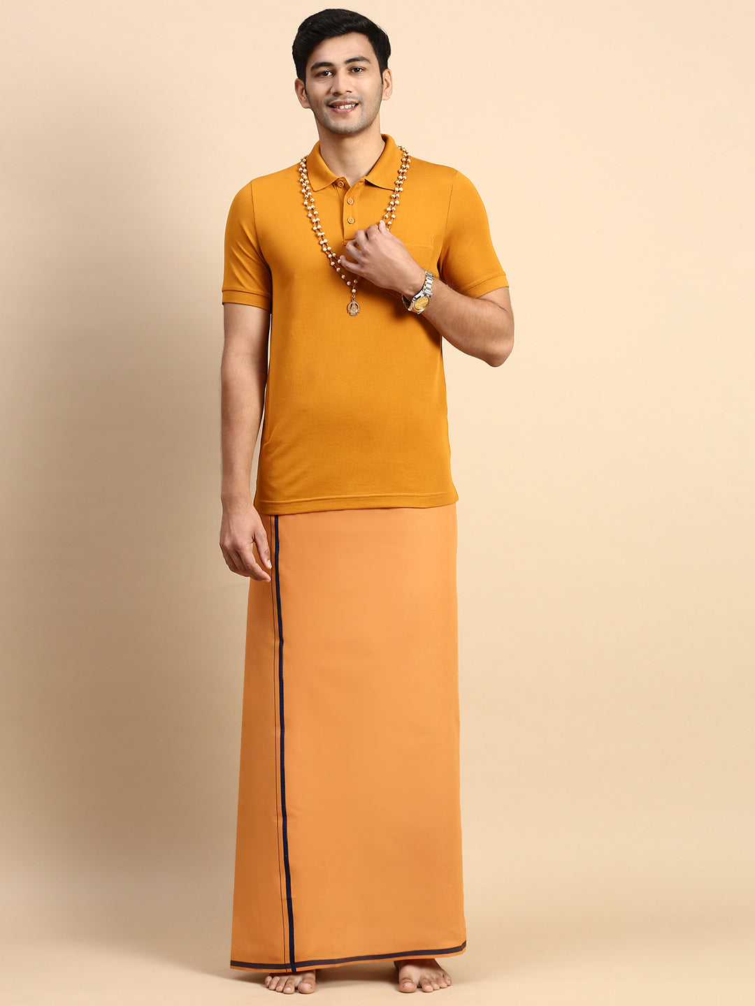 Men Devotional Big Border Dhoti & TShirt Set Kaavi EP41