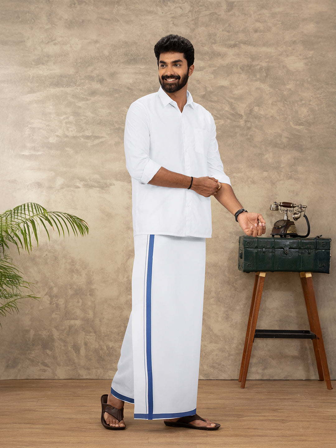 Men Cotton Blend Readymade Single Layer White Dhoti with Big Border GACS17