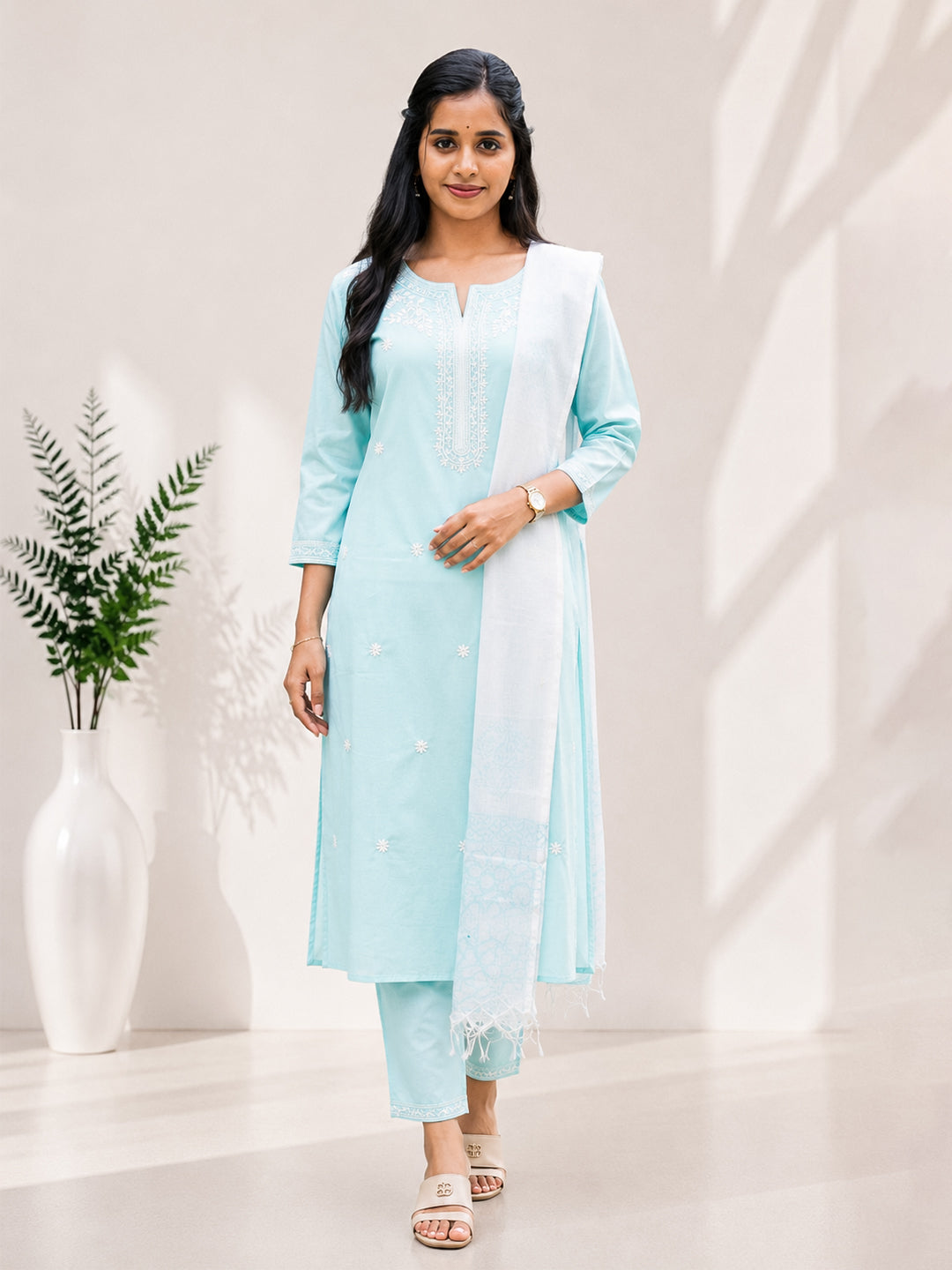 Women Cotton Embroidered Sky Blue Kurti Set EKS139