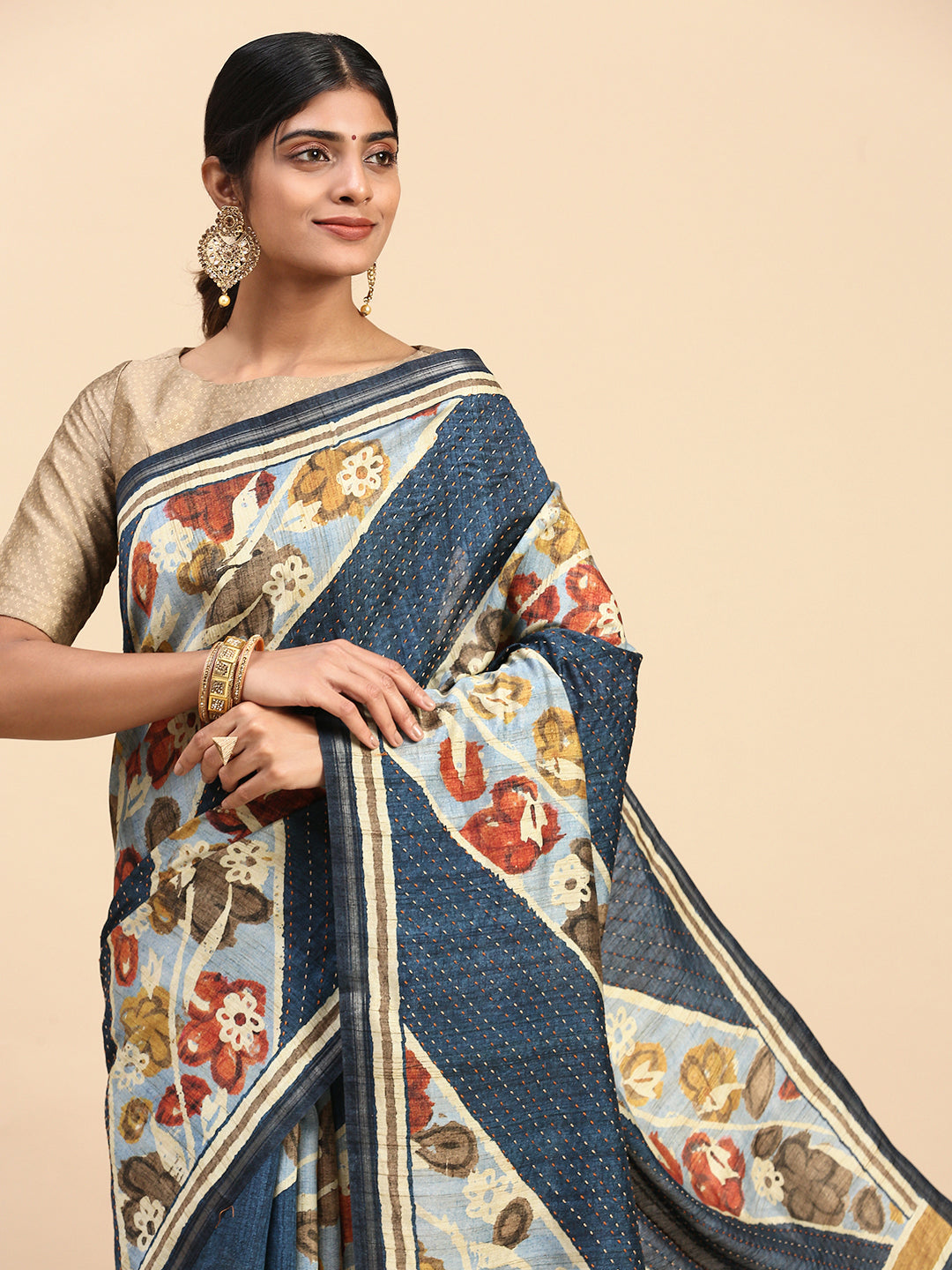 Women Semi Tussar Saree Blue ST189