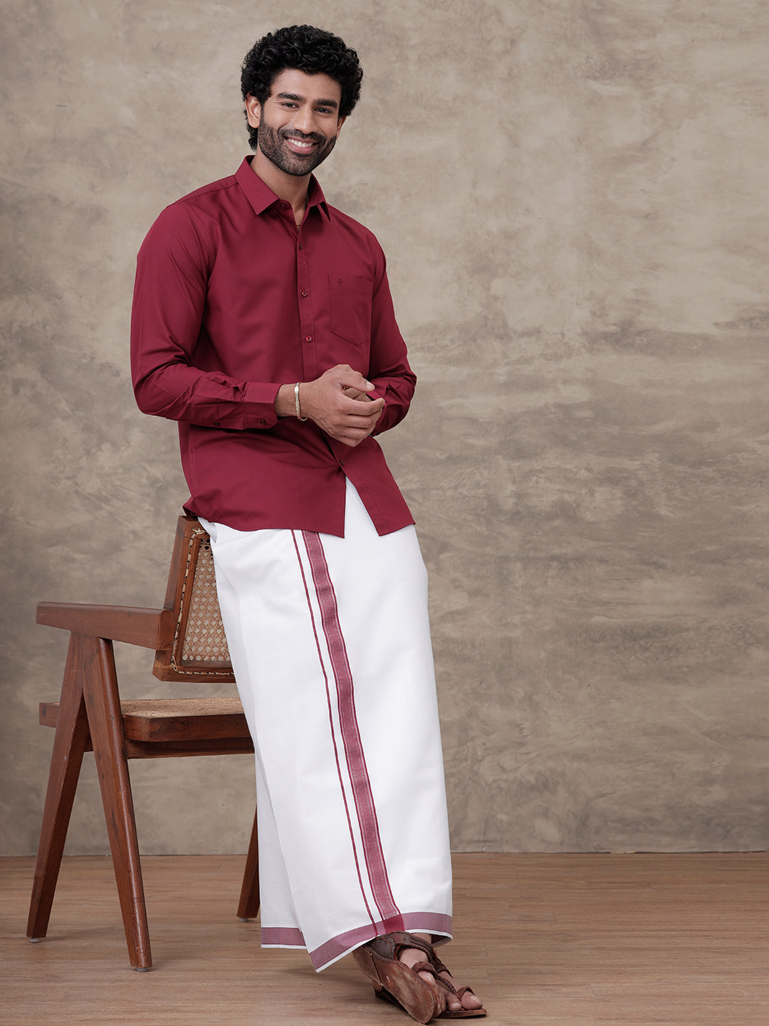 Men Dark Burgundy Shirt With Matching Border Dhoti Set Trendy