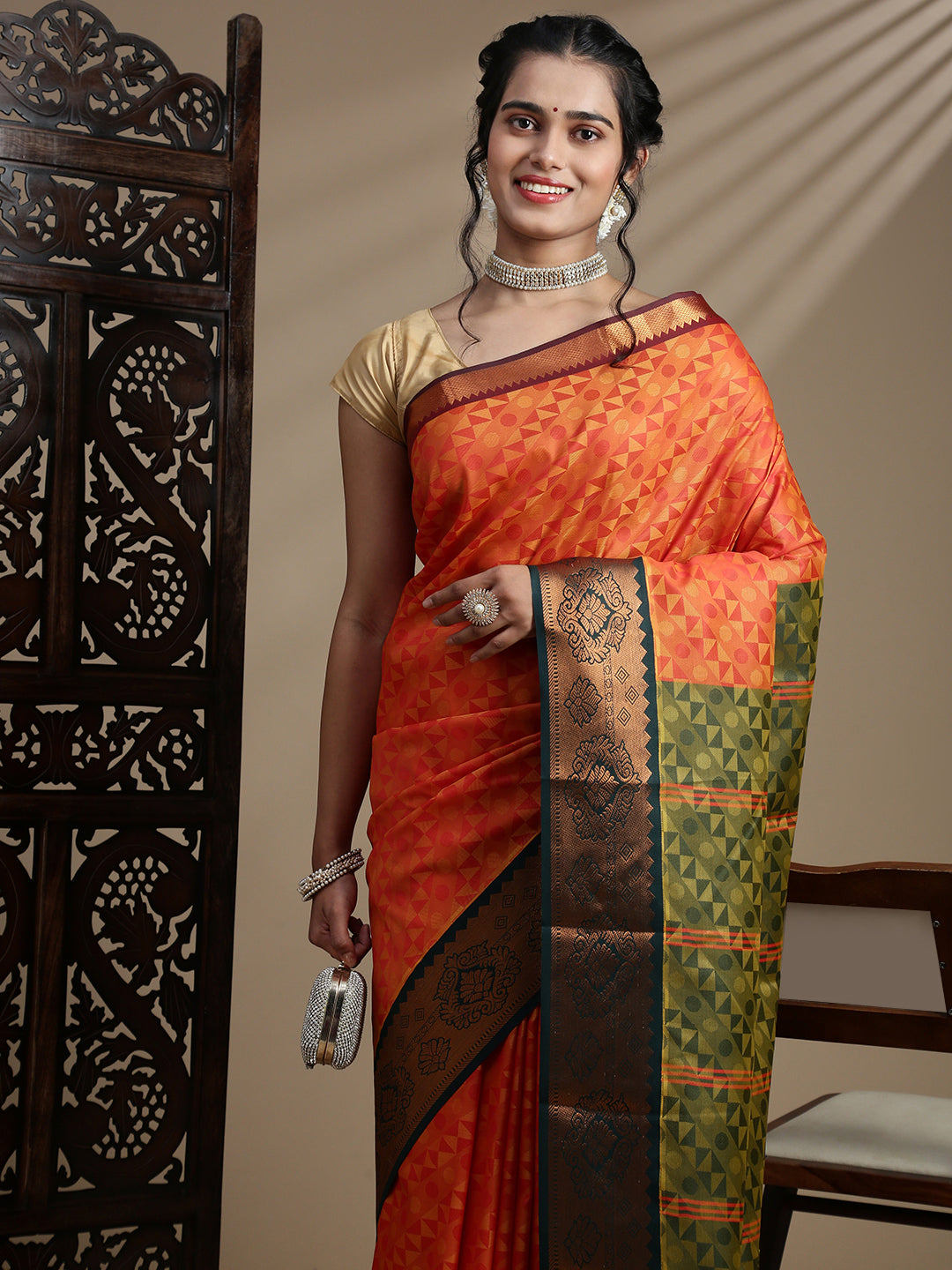 Women Orange Art Silk Saree ASS120