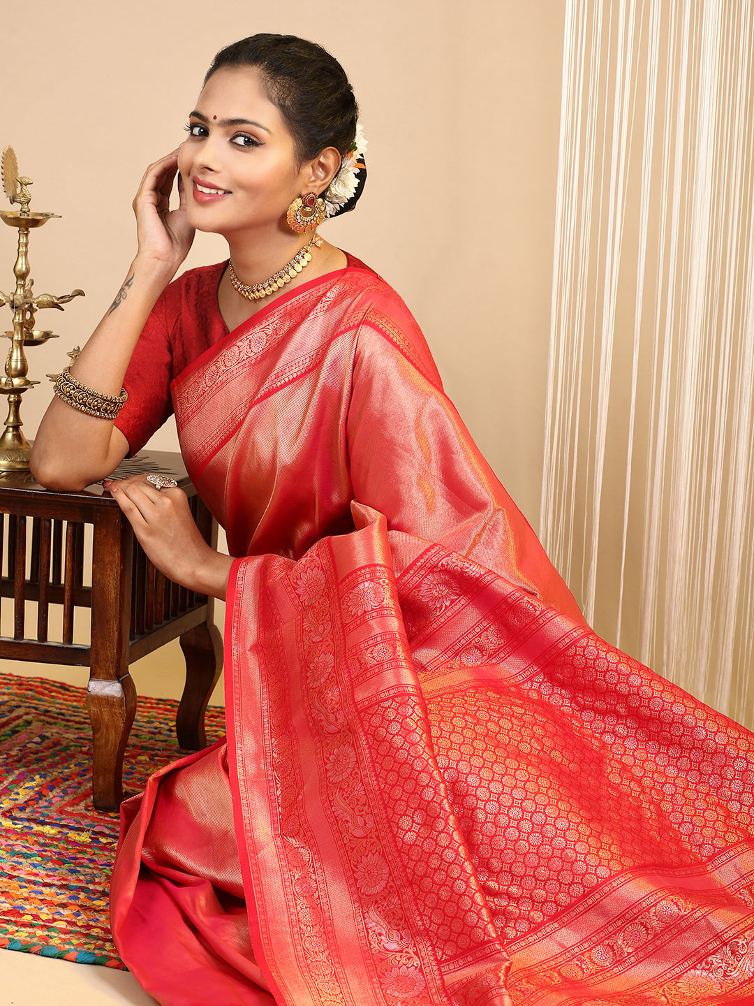 Womens Semi Silk Saree Red SS223