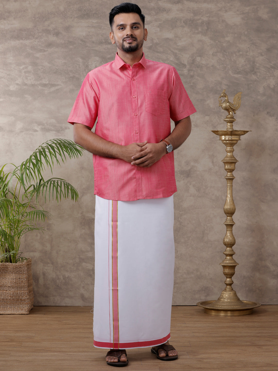 Men Matching Jari Border Dhoti & Half Sleeves Shirt Set Pink VB3