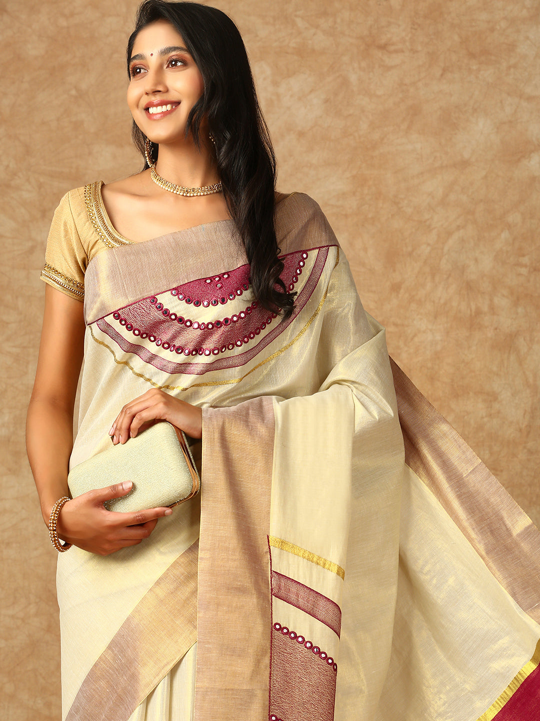 Women Kerala Tissue Gold Printed Saree KS163