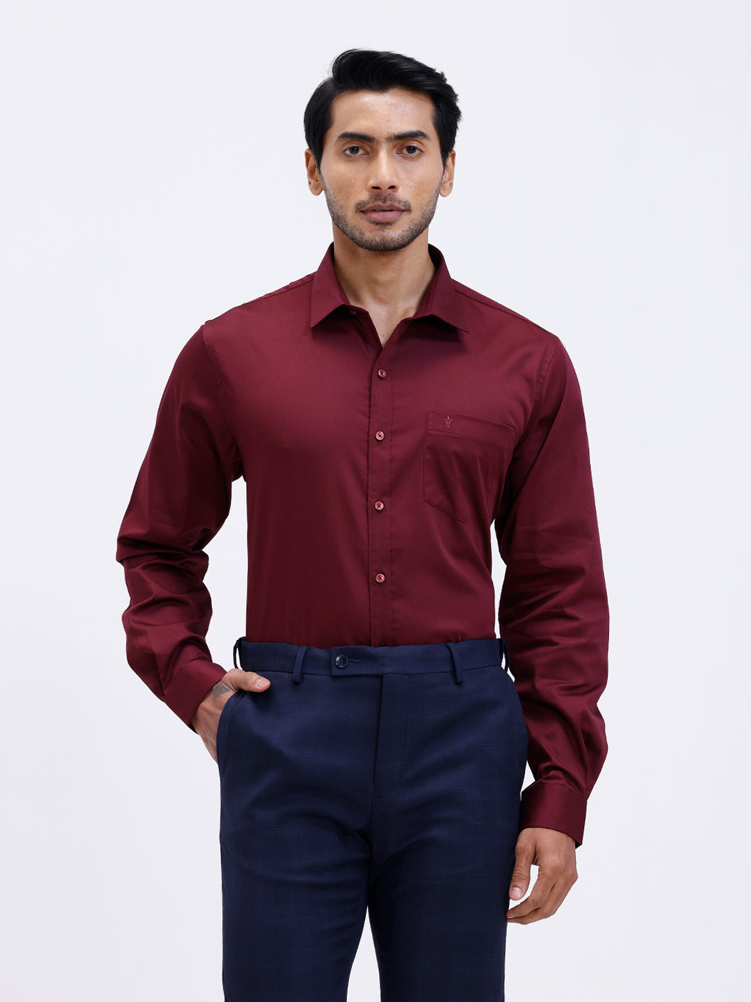 Men Cotton Blend Shirt Dark Maroon T53 ACT9