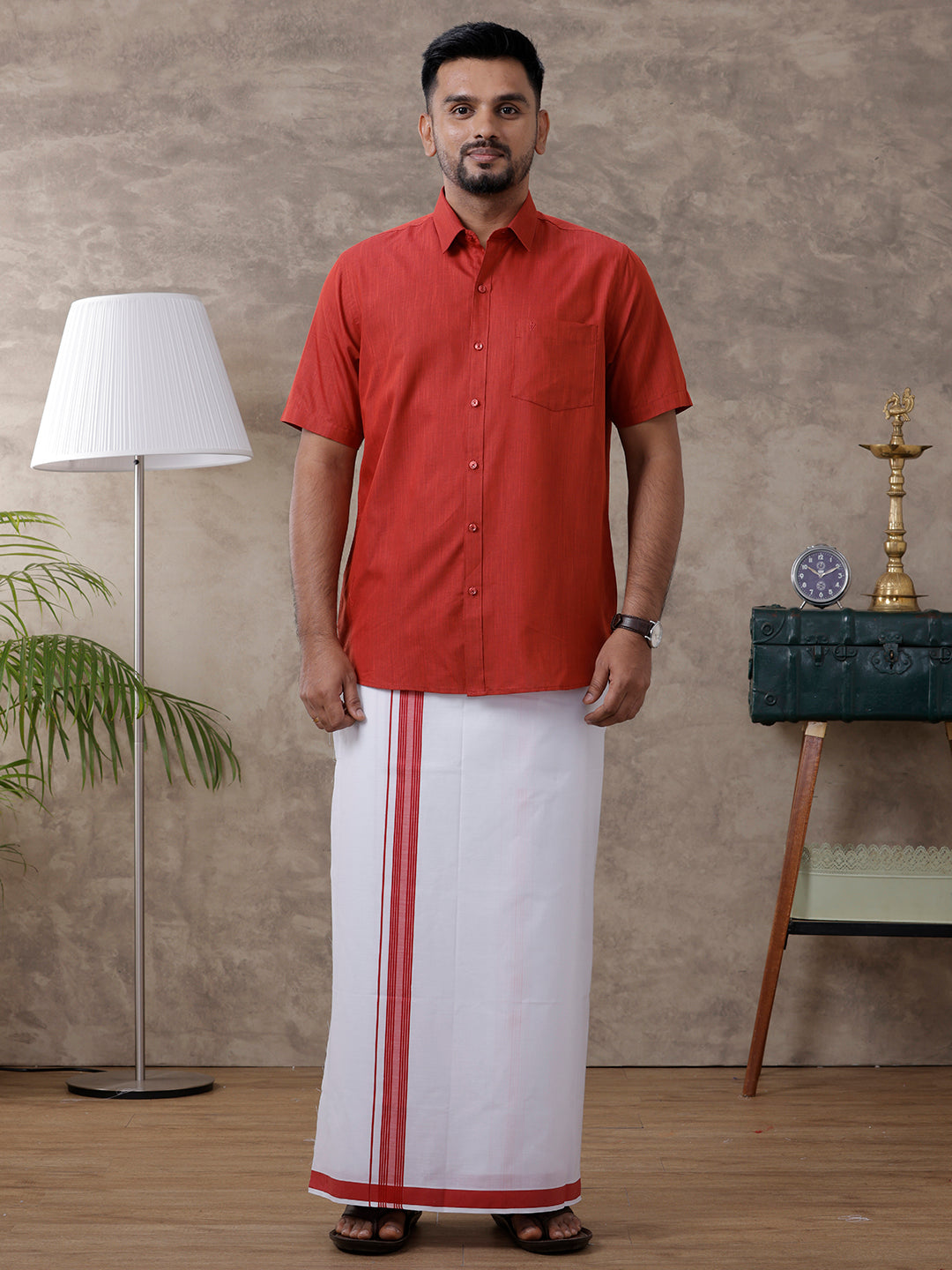 Men Red Matching Border Dhoti & Half Sleeves Shirt Set Evolution IC5