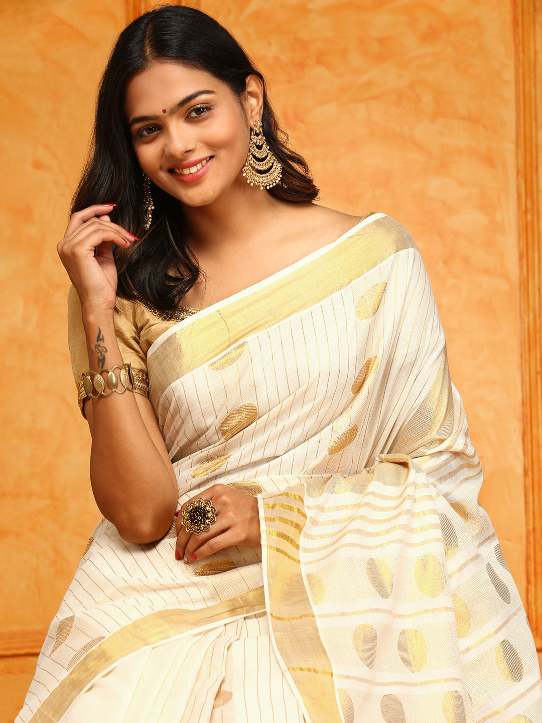 Kerala Cream Gold Jari Weaving Saree KS128