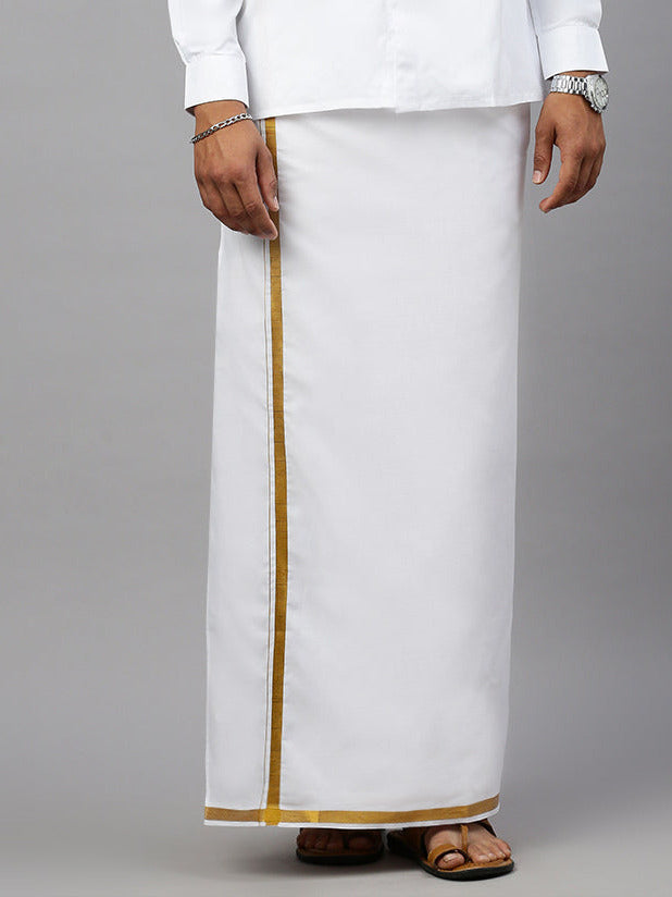 Men Cotton White Full Sleeves Shirt with 3/4'' inch Gold Jari Double Dhoti Combo