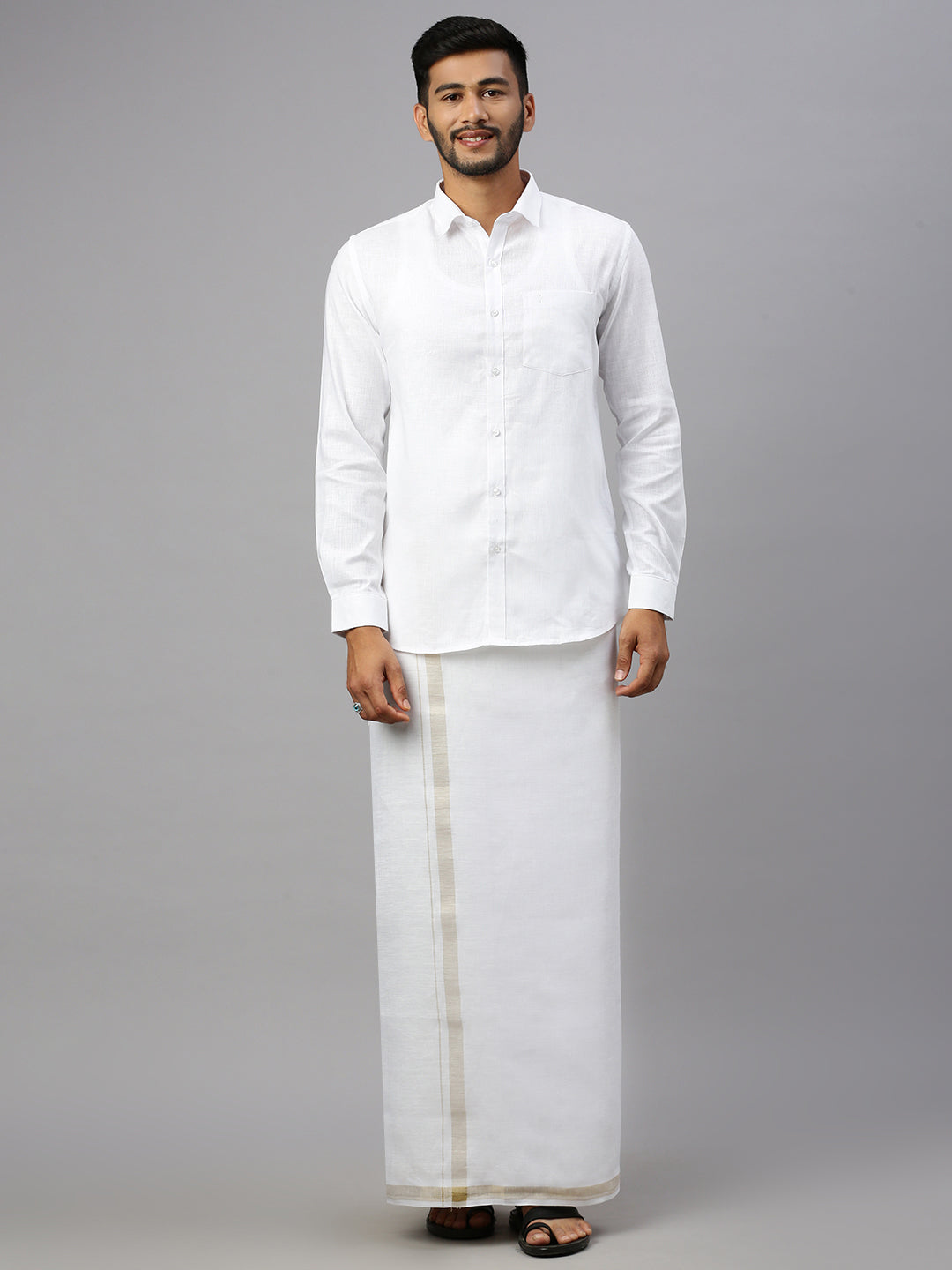 Men Pure Linen Fancy Border Double Layer Dhoti Cream