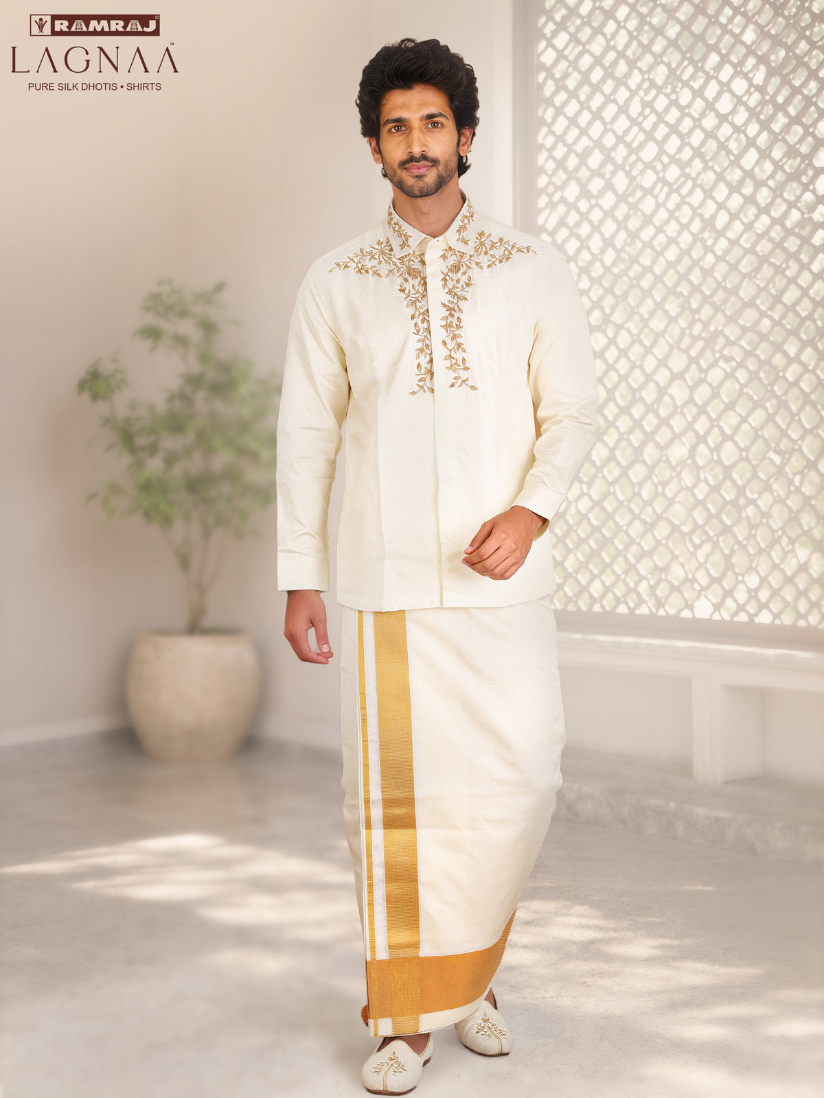 LAGNAA Premium Pure Silk Hand Embroidered Designer Shirt & Dhoti Set with Double Sided Leaf Vine Jari Work | Astra Varman