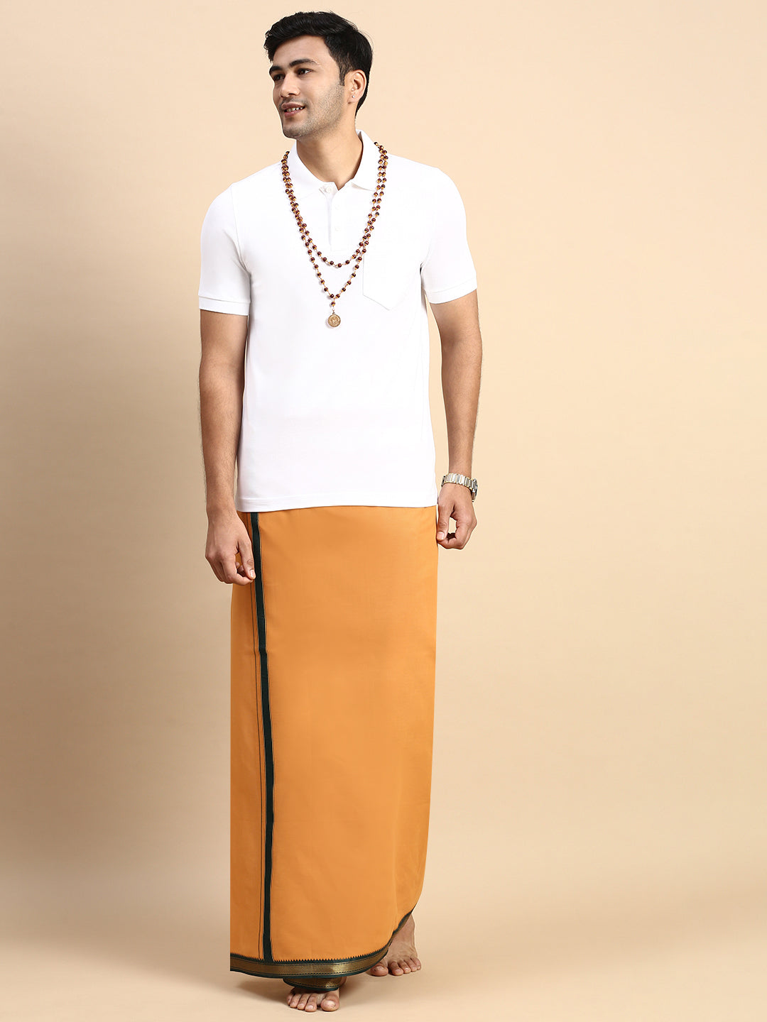 Men Devotional Mayilkhan Border Dhoti & TShirt Set Kaavi EP1