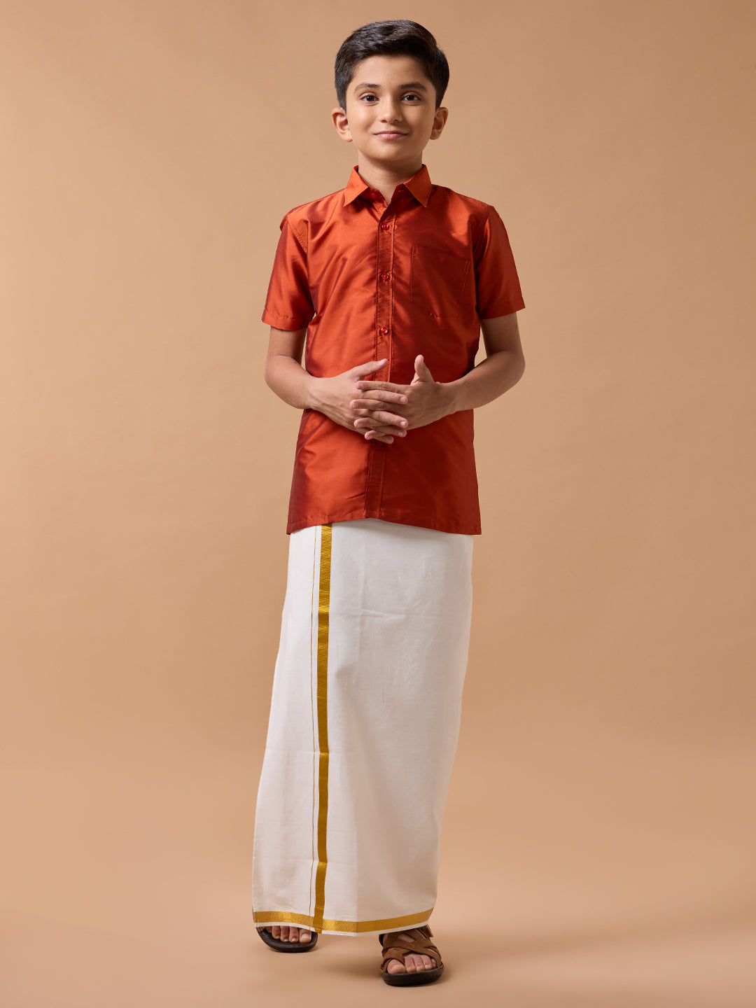 Boys Silk Cotton Shirt with Dhoti Set Brick