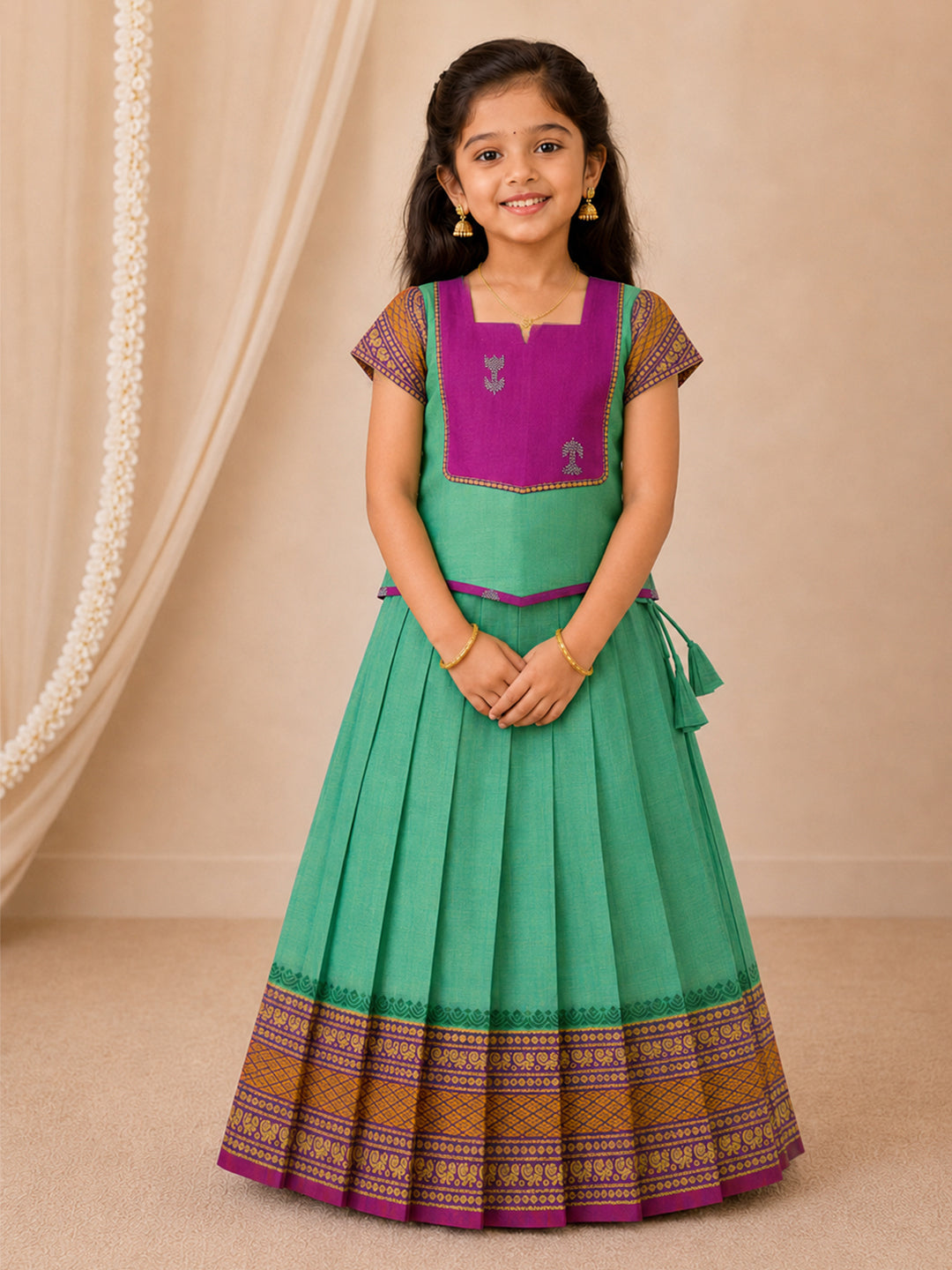Girls Cotton Green with Violet Pattu Pavadai Set GPS49