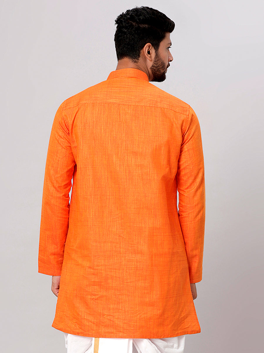 Mens Cotton Full Sleeves Orange Medium Length Pocket Kurta FS3-Back view