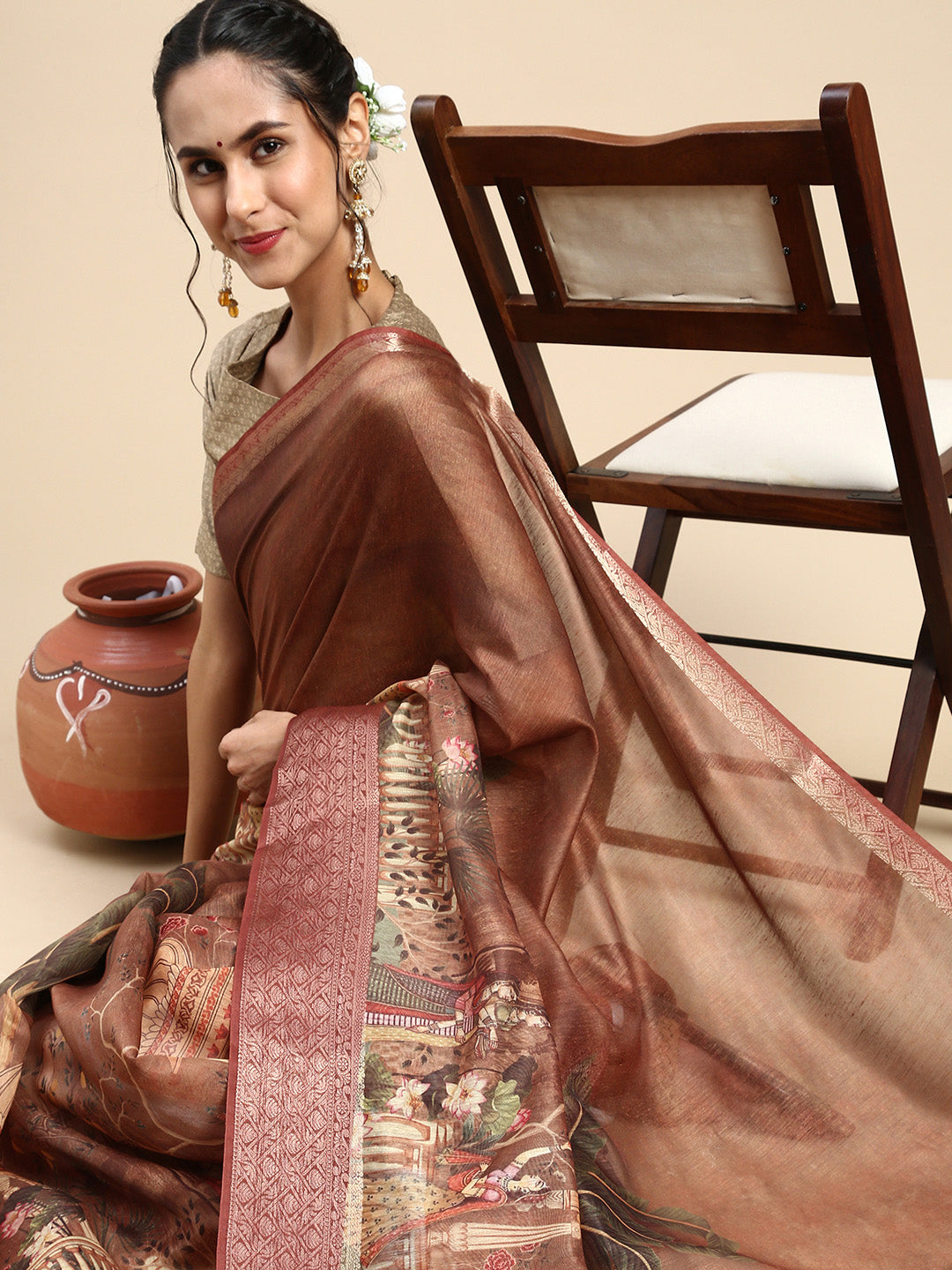 Digital Printed Brown Colour Semi Linen Saree SL80-Side view