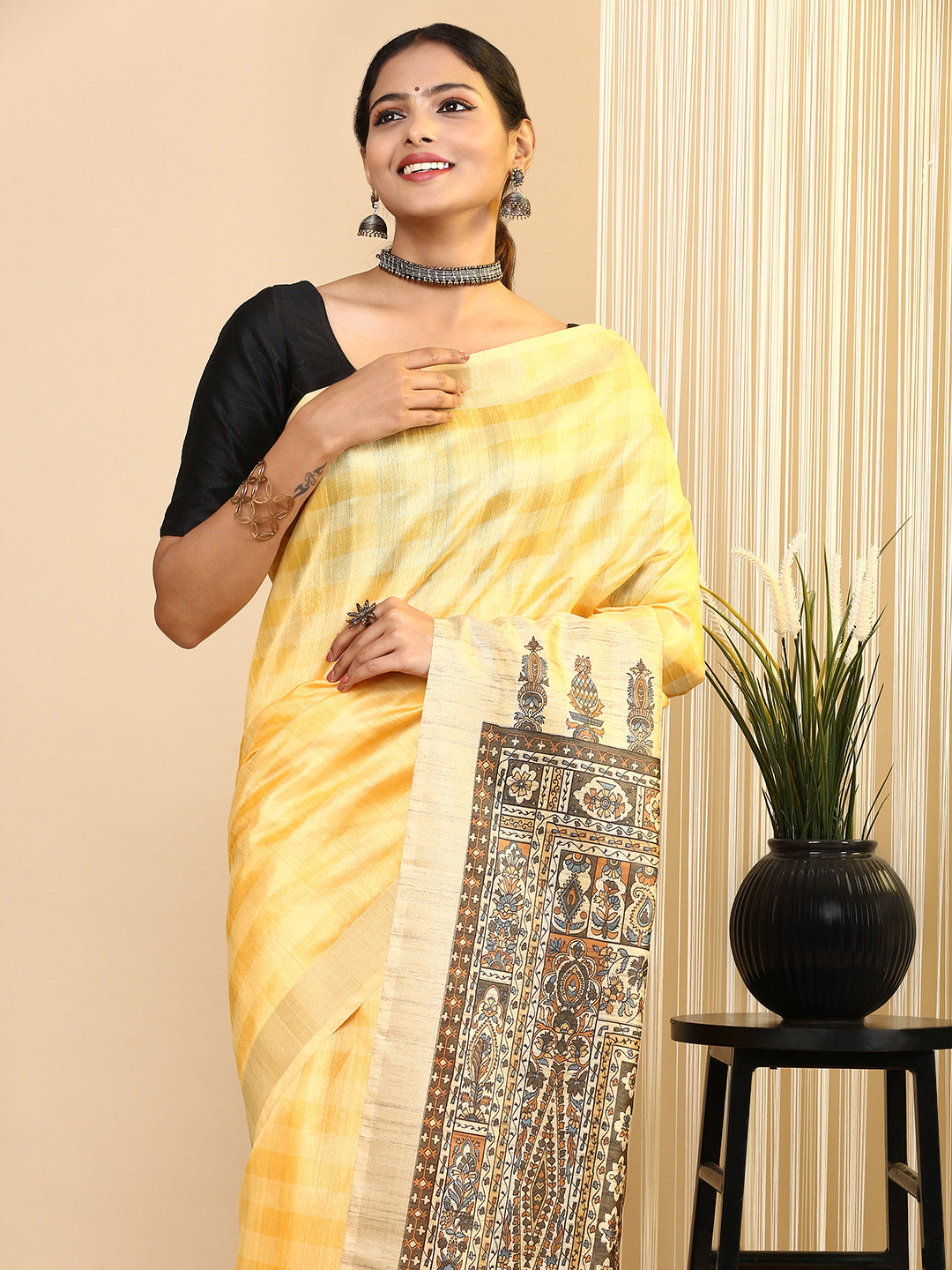 Womens Semi Tussar Printed Saree Yellow ST184