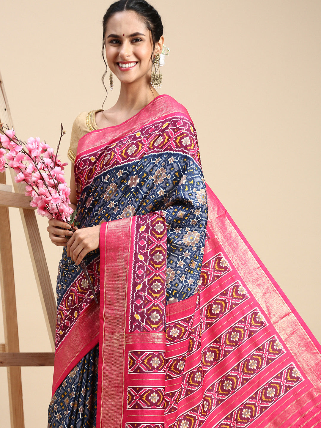 Women Art Silk Printed Navy With Pink Border Saree ASP13-Side view