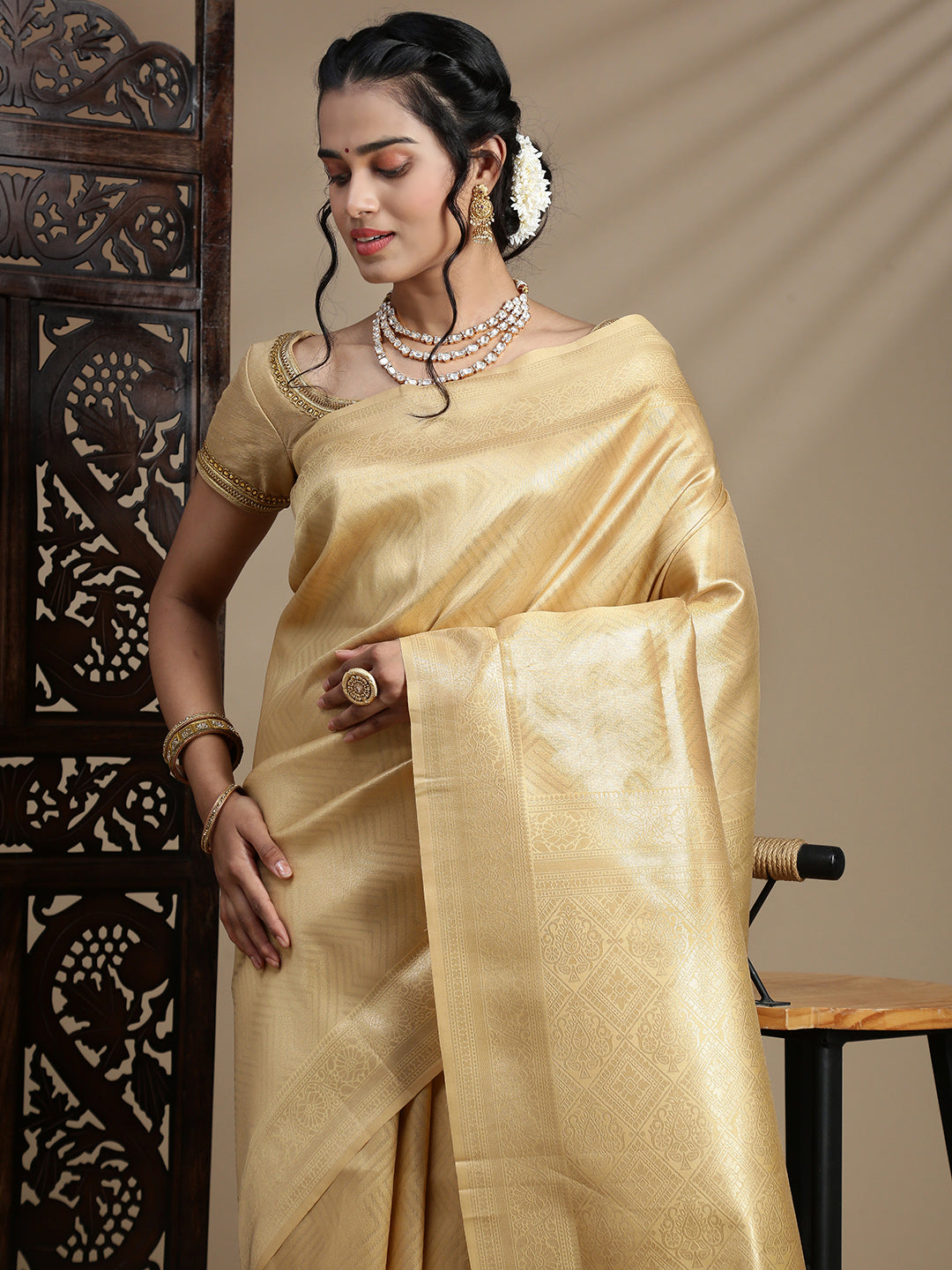 Women Golden Art Silk Saree ASS109