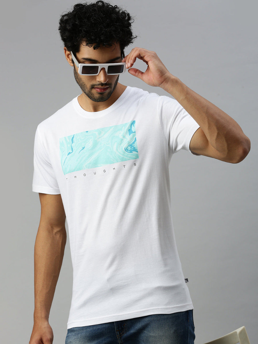 White & Blue Graphic Printed Round Neck Casual T-Shirt GT44-Front view