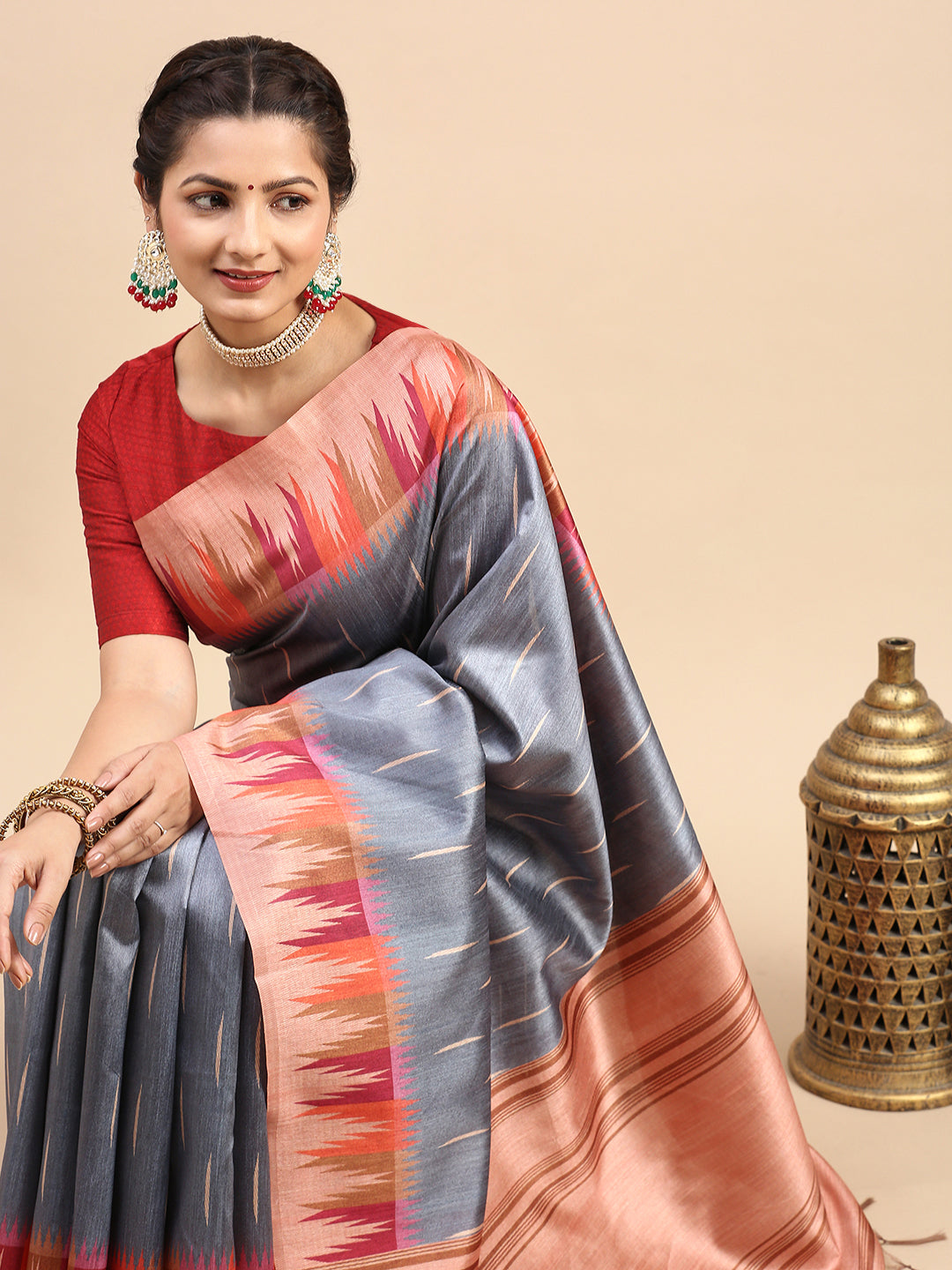 Womens Semi Tussar Weaving Saree Grey ST174