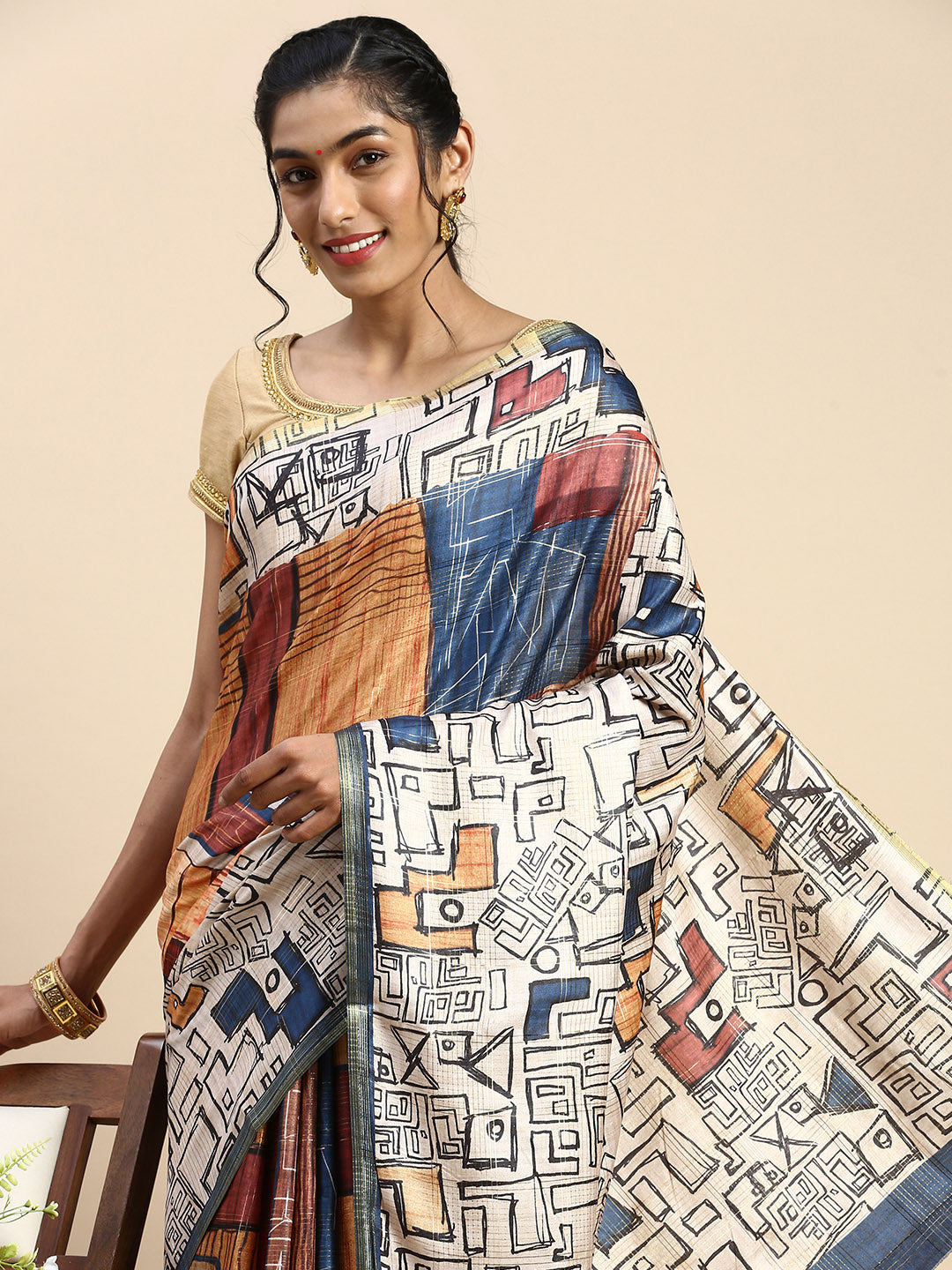 Women Semi Tussar Printed Saree Sandal & Brown STP21-side view