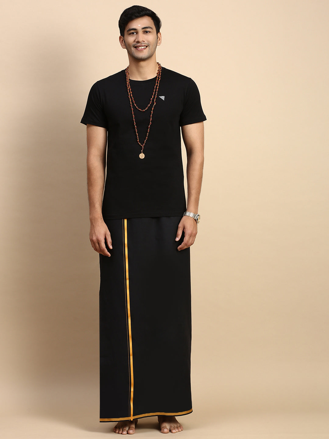 Men Devotional Big Border Dhoti & TShirt Set Black ET14