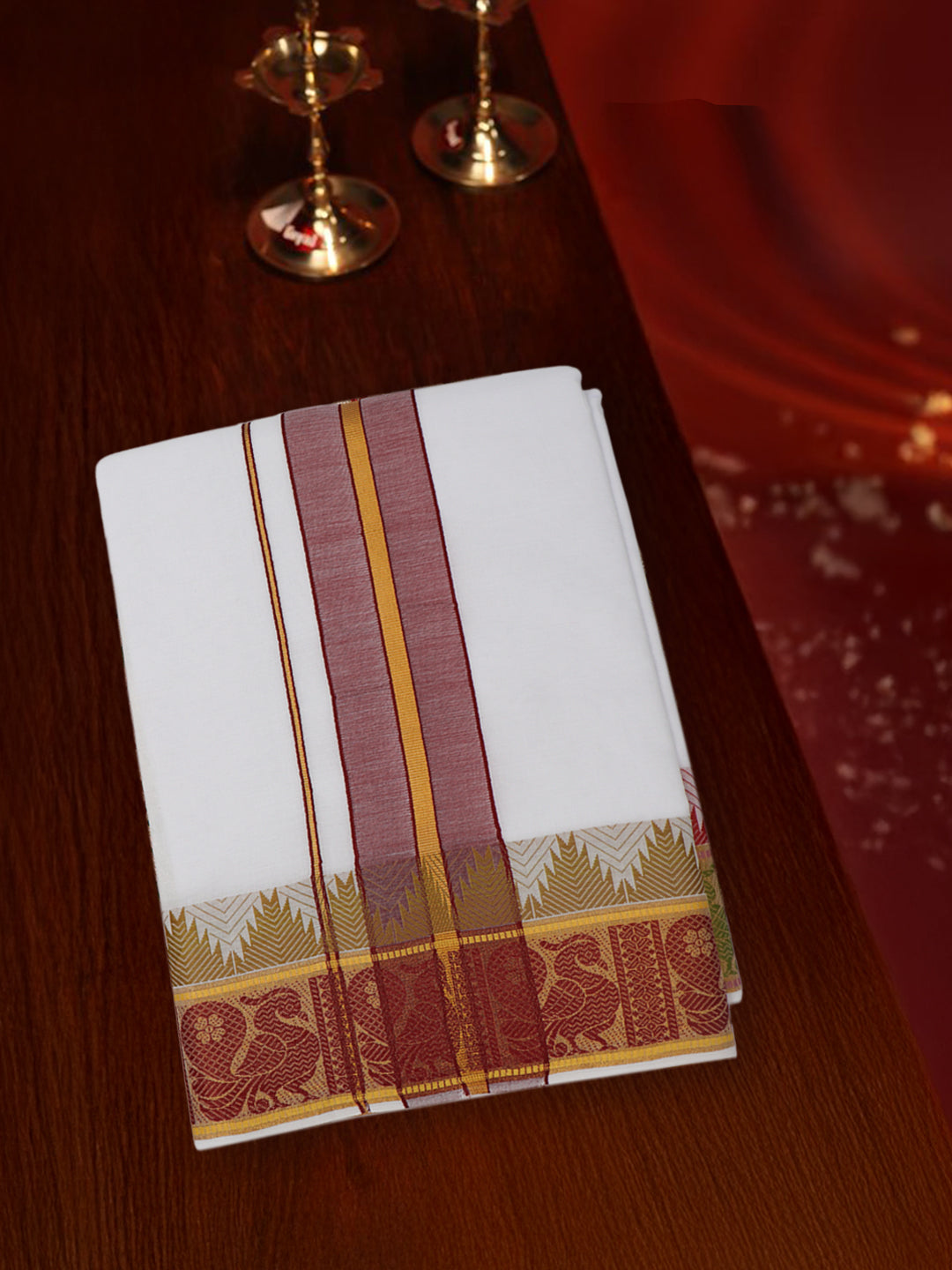 Men Cotton Red Fancy Border Panchakacham with Angavasthram Vishvadeva (9+5) VD03