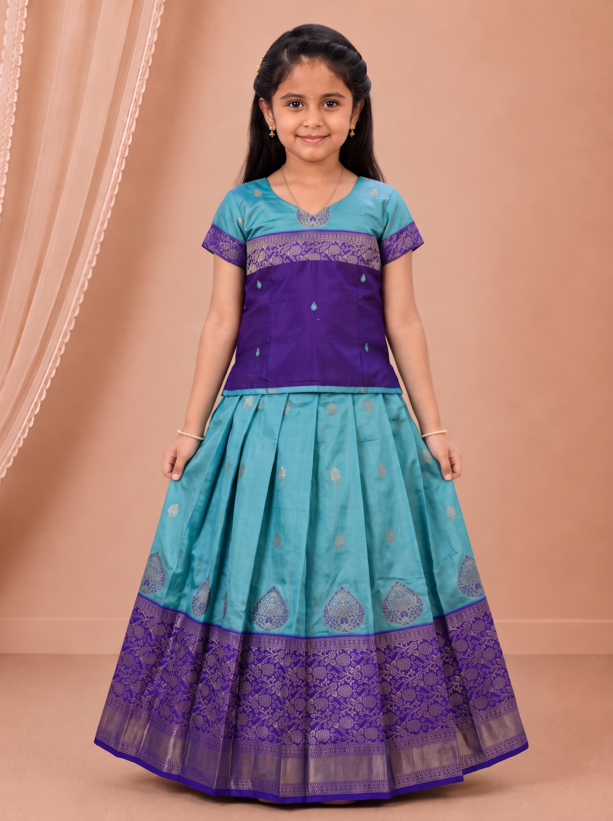 Girls Art Silk Sky Blue with Navy Pattu Pavadai Set GPS70
