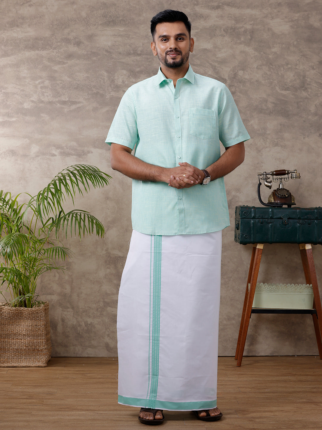 Men Matching Border Dhoti & Shirt Set Half Light Pista Green C83