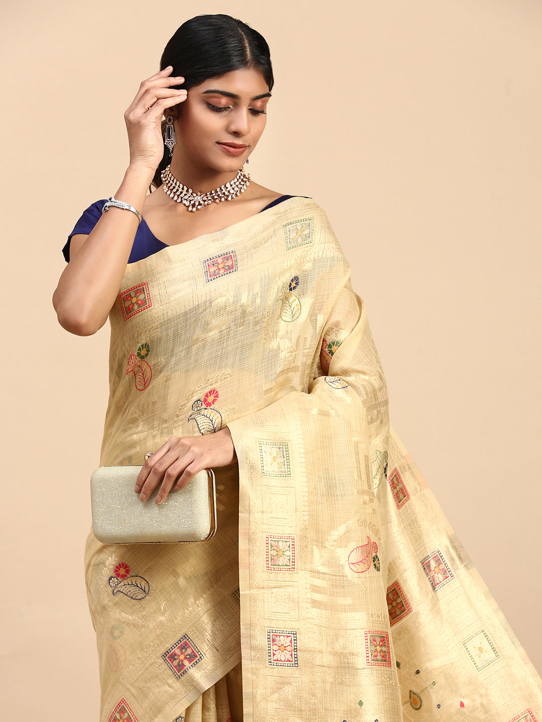 Women Semi Linen Printed Saree Gold SL164