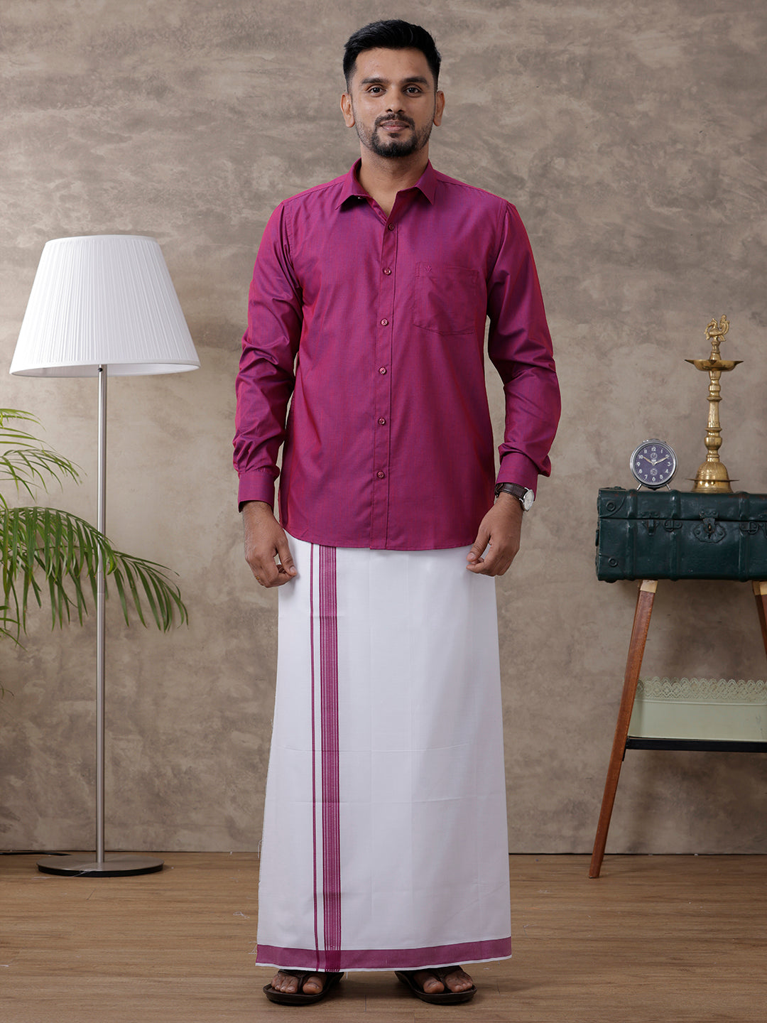 Mens Magenta Matching Border Dhoti & Full Sleeves Shirt Set Evolution IC3