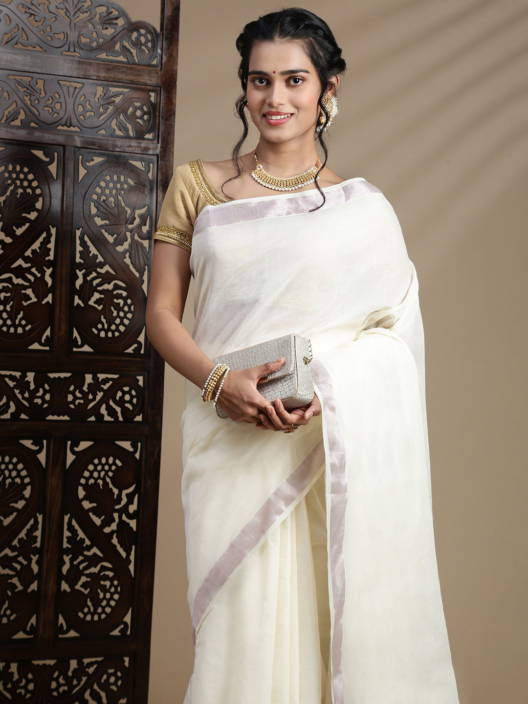 Women Traditional Kerala Cream Plain Saree with RoseGold Border KS223