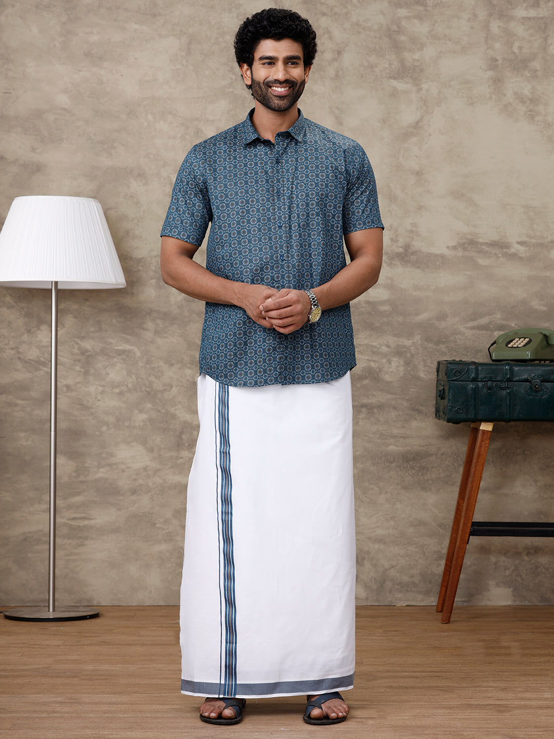 Men Dark Blue With Gray Matching Border Dhoti With Printed Shirt Set Fusion PS4