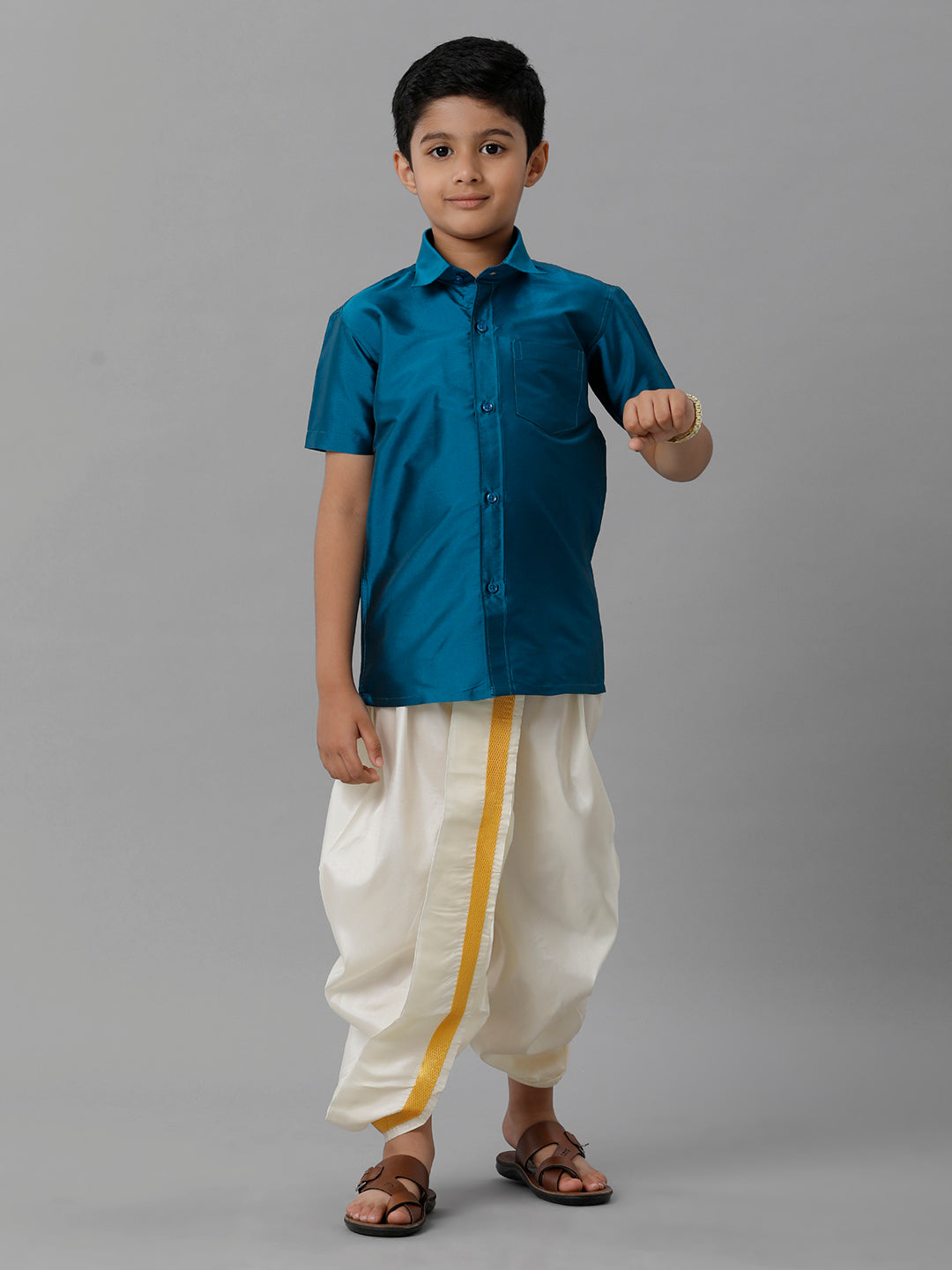 Boys Silk Cotton Ramar Blue Half Sleeves Shirt with Soft Silk Panchakacham Combo K1-Front view