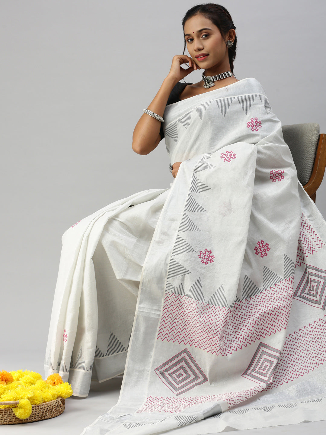 Matching Tissue Jari Dhoti Shirt &  Tissue Jari Saree Couple Combo Silver-Saree full view